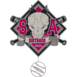 Dirtbags trading pin with a baseball dangler.